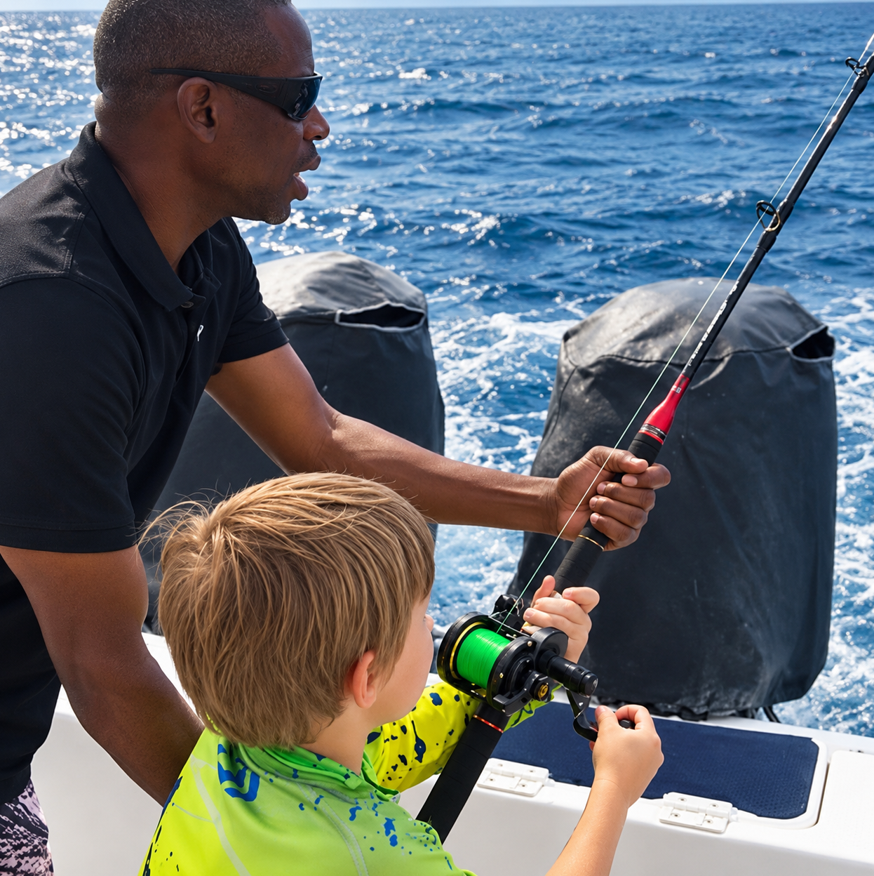 Crew member helping a young child hold a fishing rod on a charter boat in the deep blue Indian Ocean