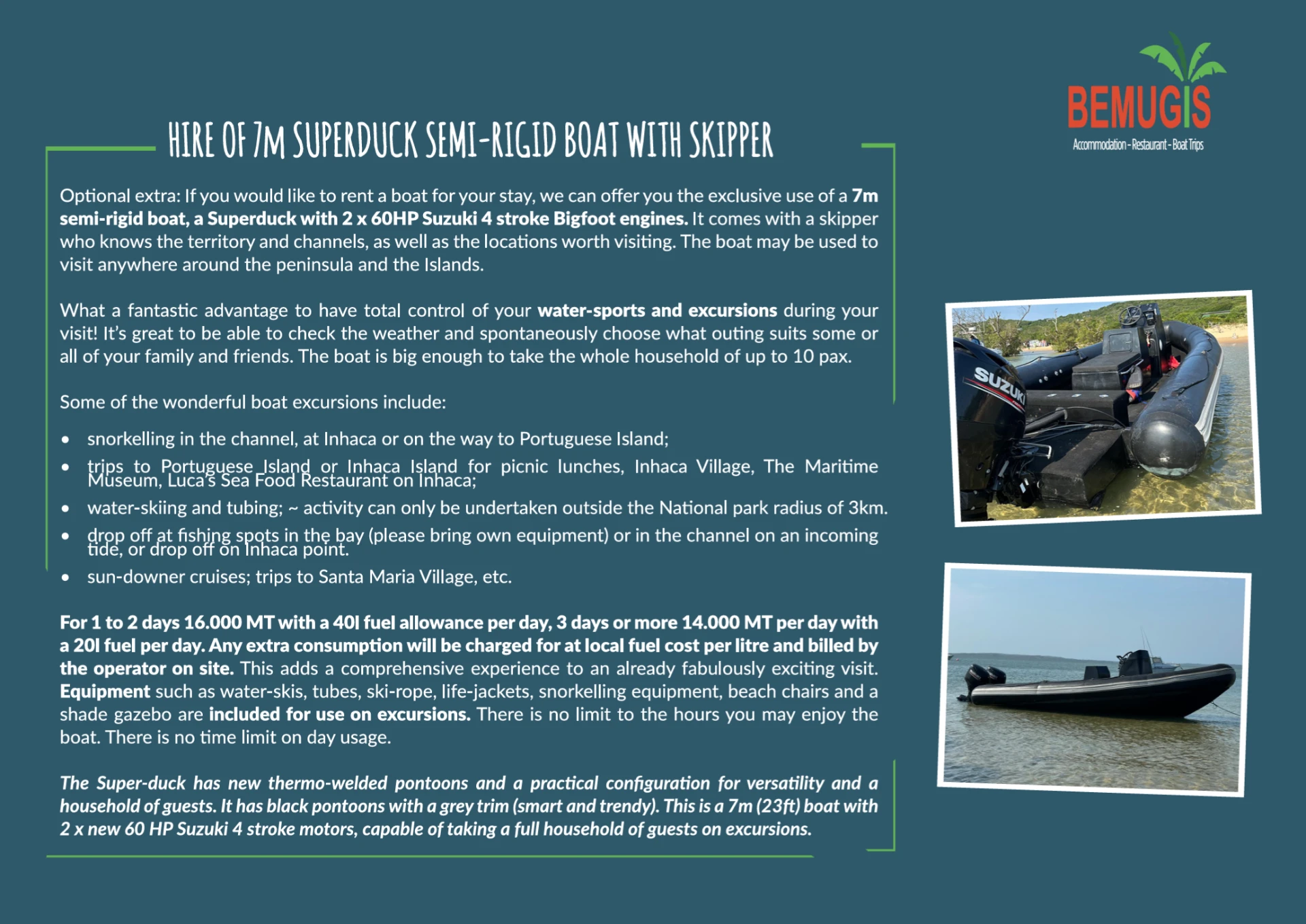 Superduck semi-rigid boat hire information