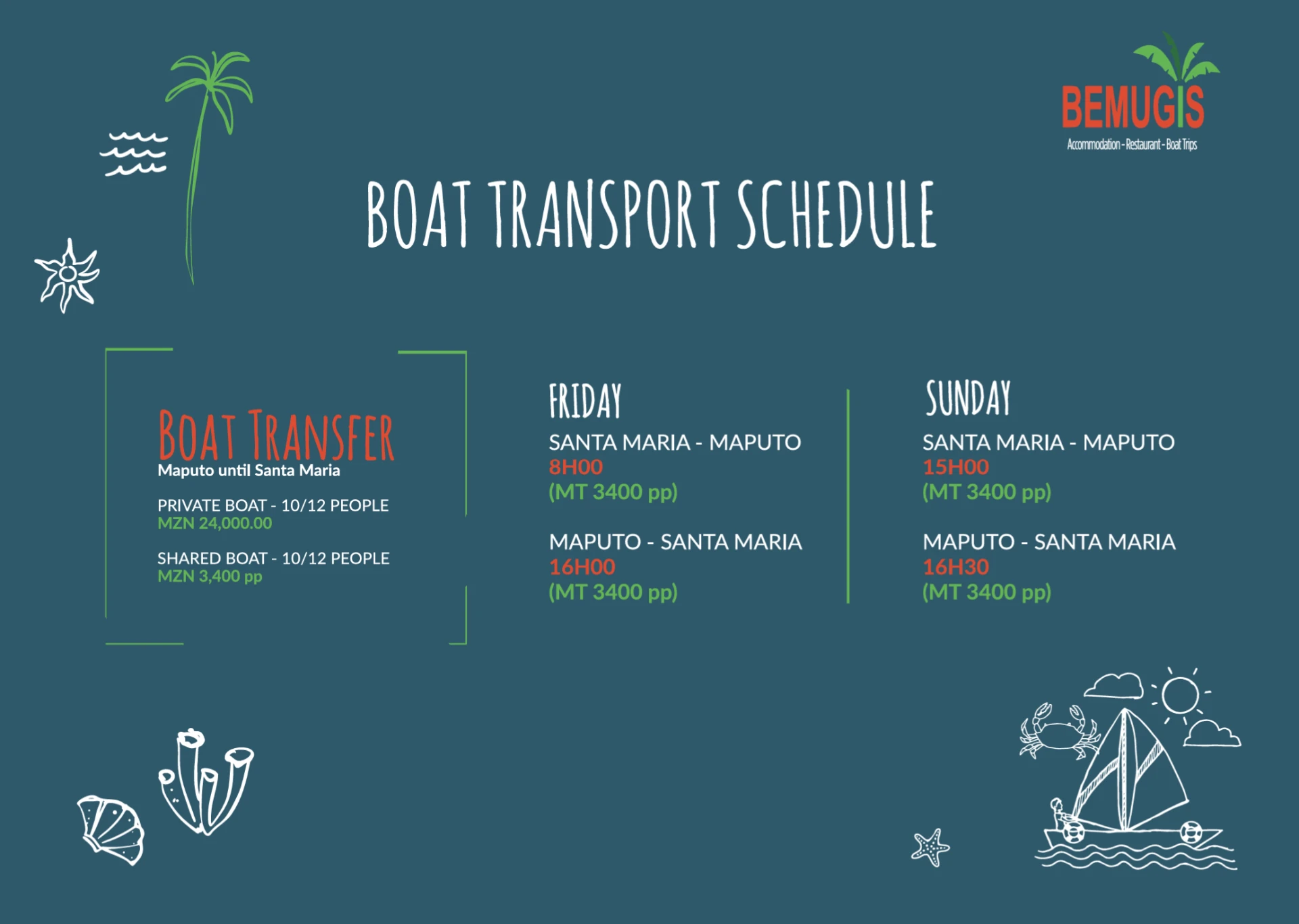 Boat transport schedule between Maputo and Santa Maria