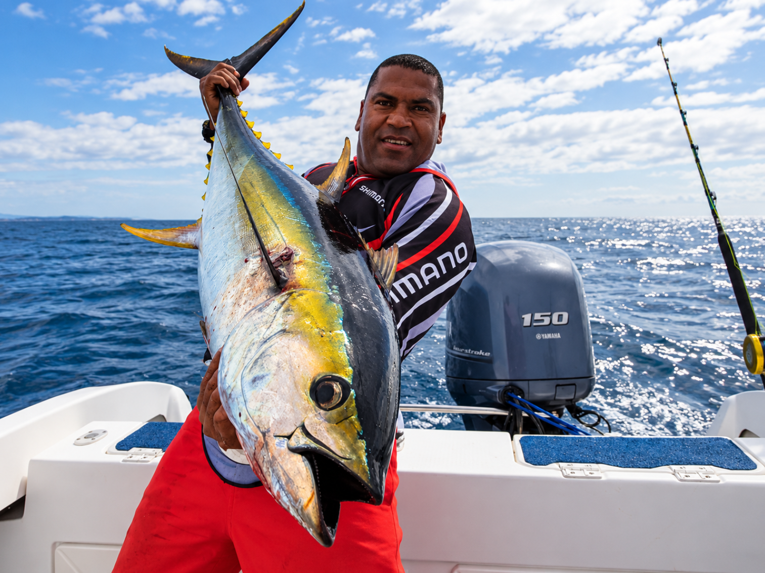 Crew member on a charter boat holding a large yellowfin tuna with the Indian Ocean and a Yamaha outboard motor behind