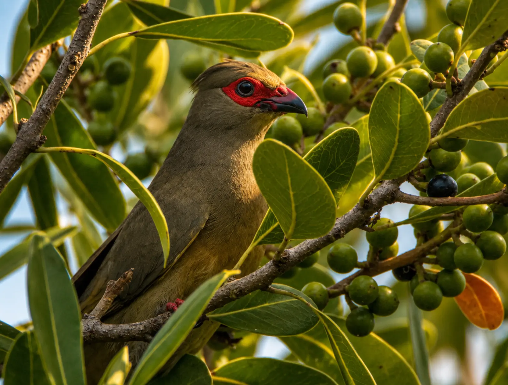 Mousebird with vivid red facial skin perched among green leaves and berries
