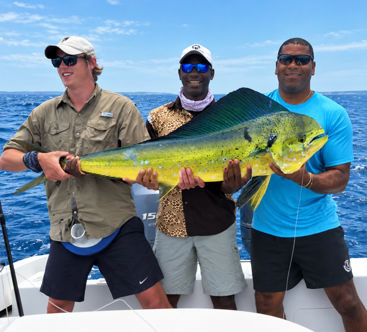 Three anglers on a charter boat holding a large, bright dorado with the deep blue Indian Ocean behind