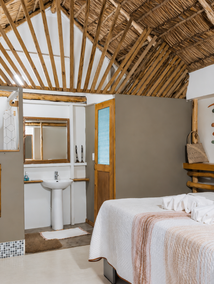 One Bedroom House bedroom with an en-suite washbasin beneath the thatched roof