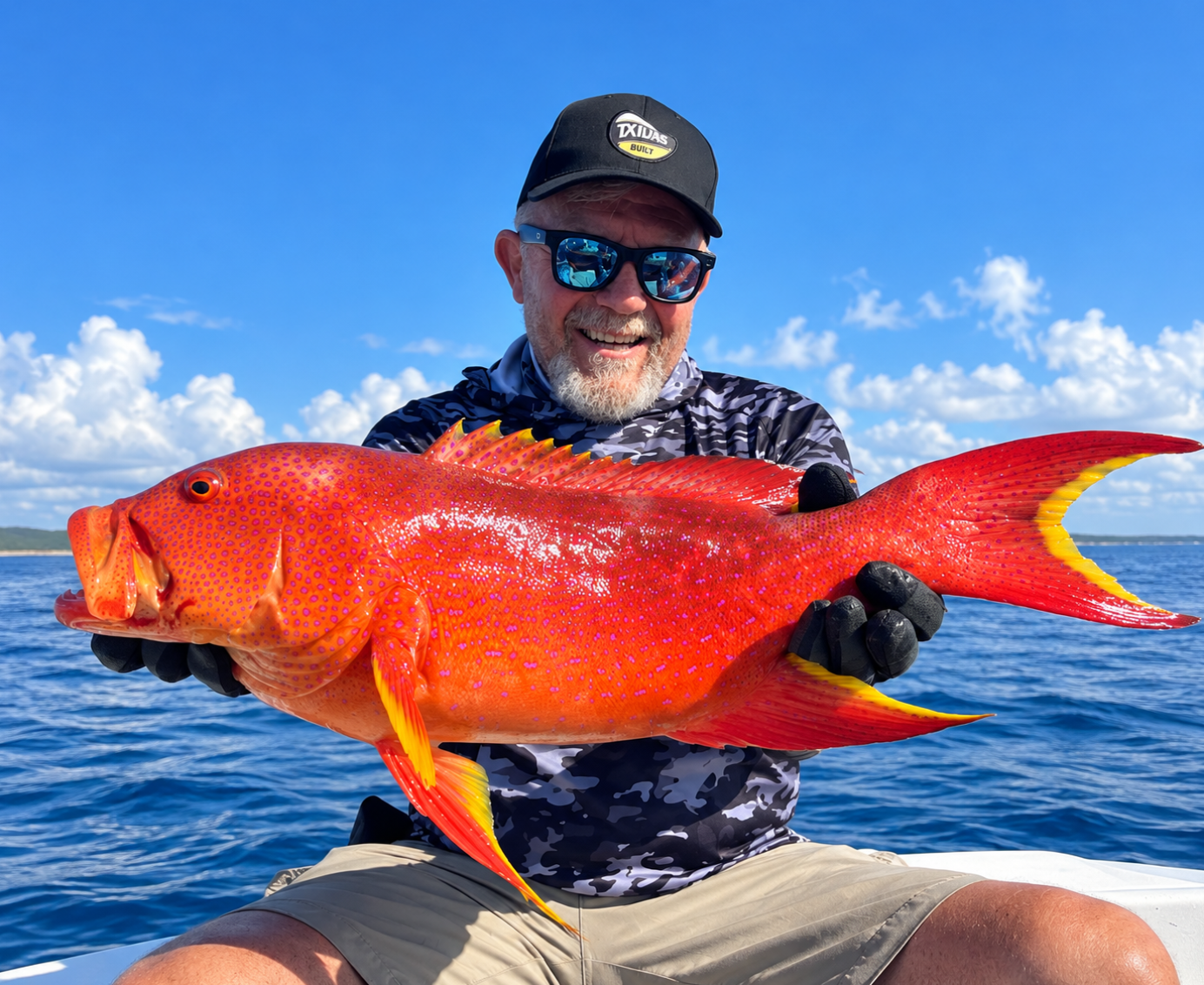 Smiling angler in a black cap holding a large bright red and yellow reef fish on a charter boat in the deep blue Indian Ocean