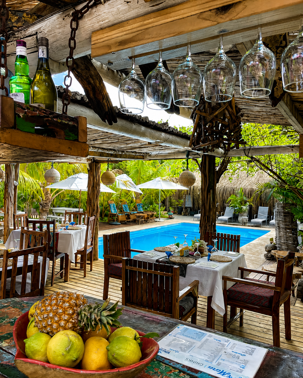 Bemugi's Place restaurant and pool bar deck with dining tables by the pool