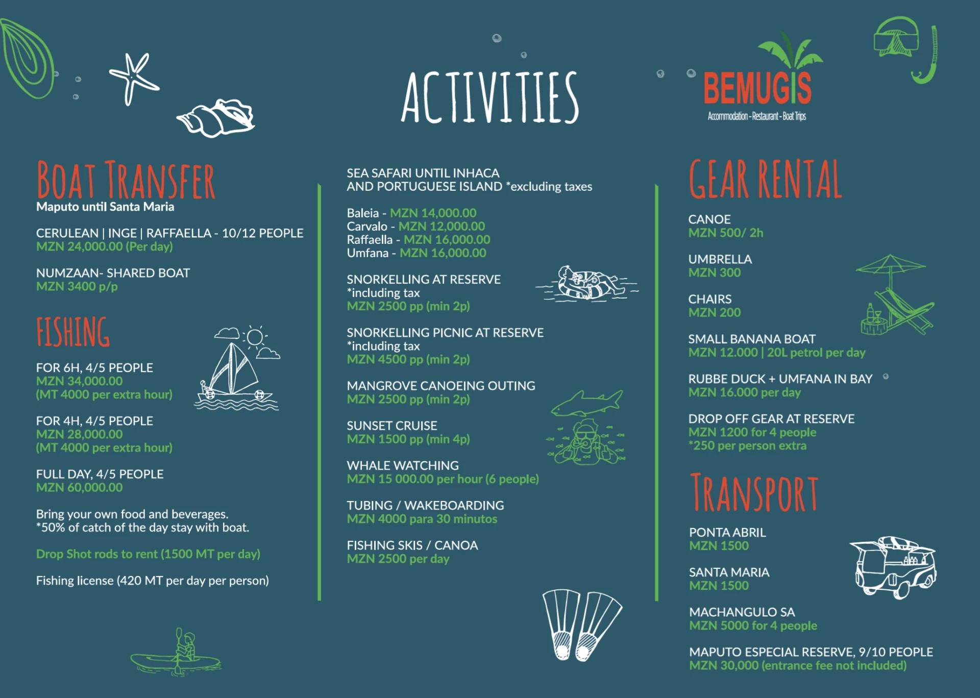 Activities menu board with boat transfers, fishing, gear rental and transport prices
