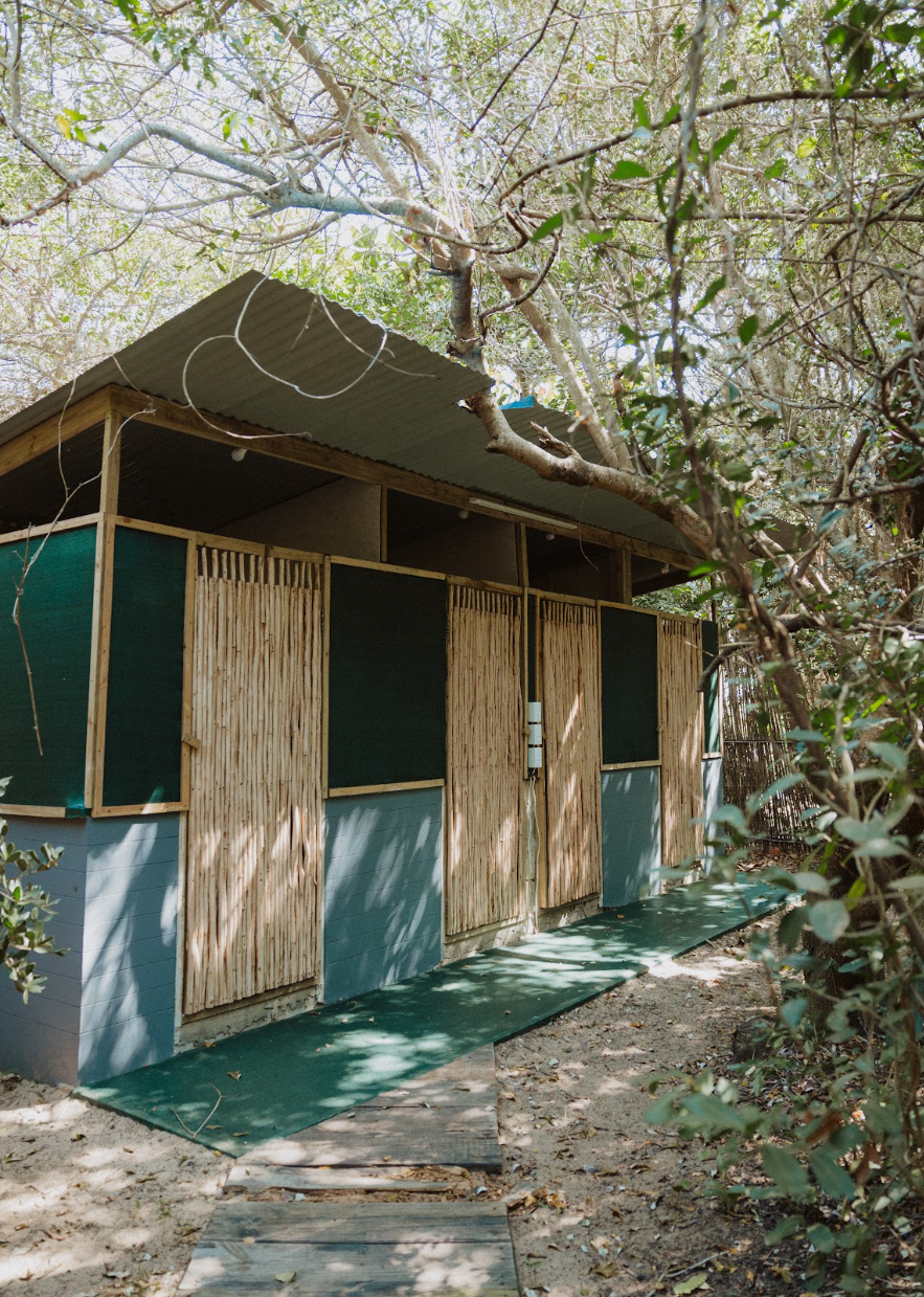 Private ablution building beneath coastal trees