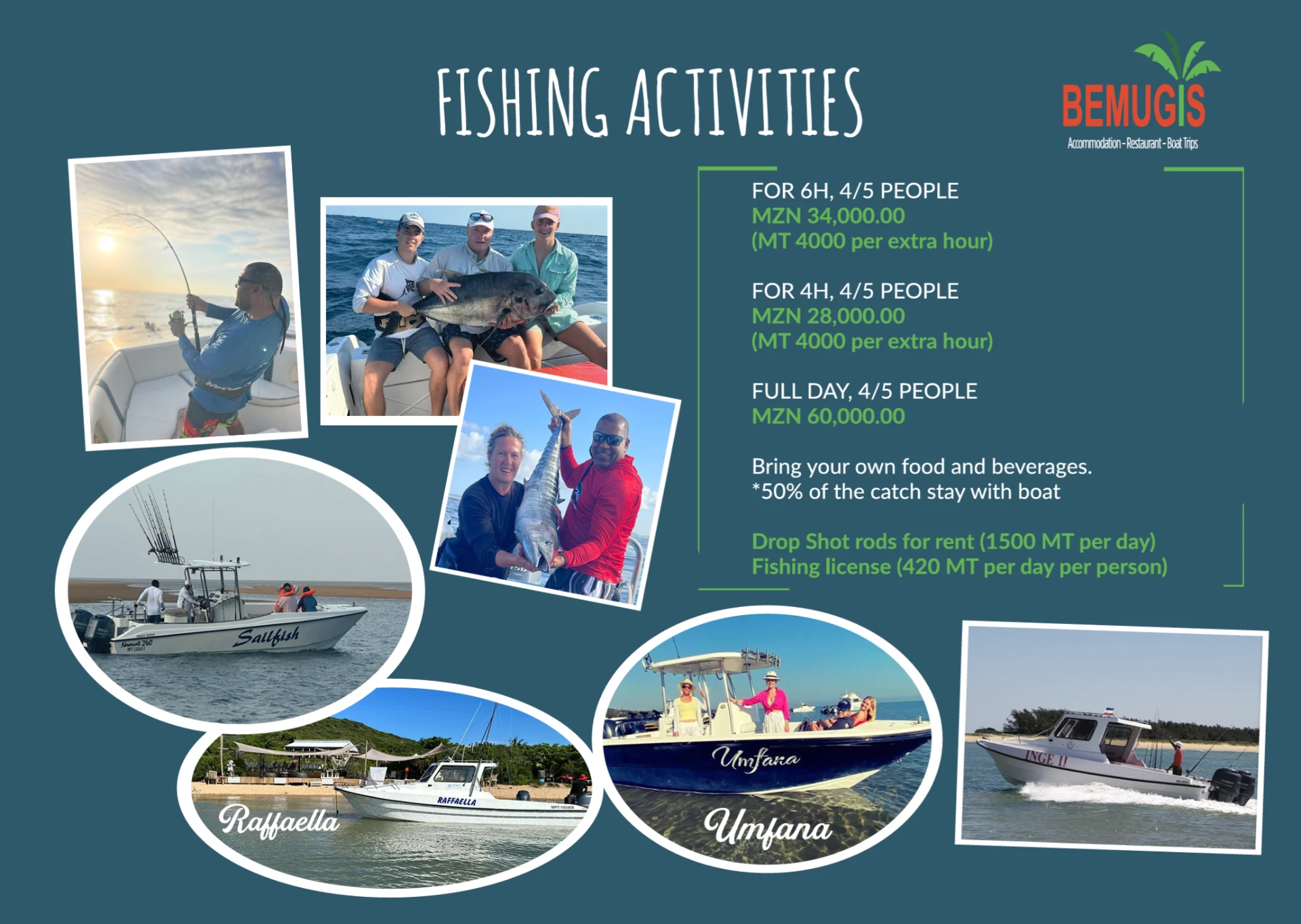 Fishing activities board with boats and pricing