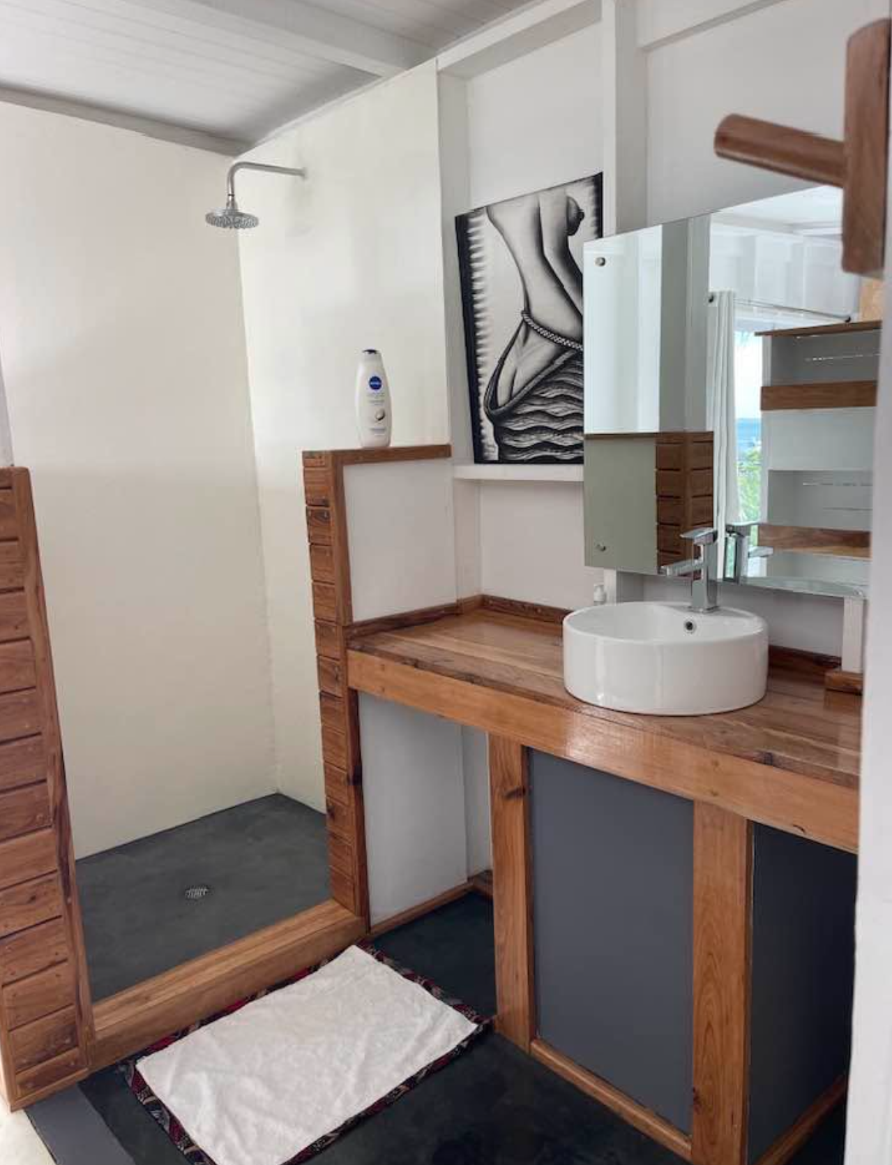 Private bathroom with shower, basin and wooden vanity