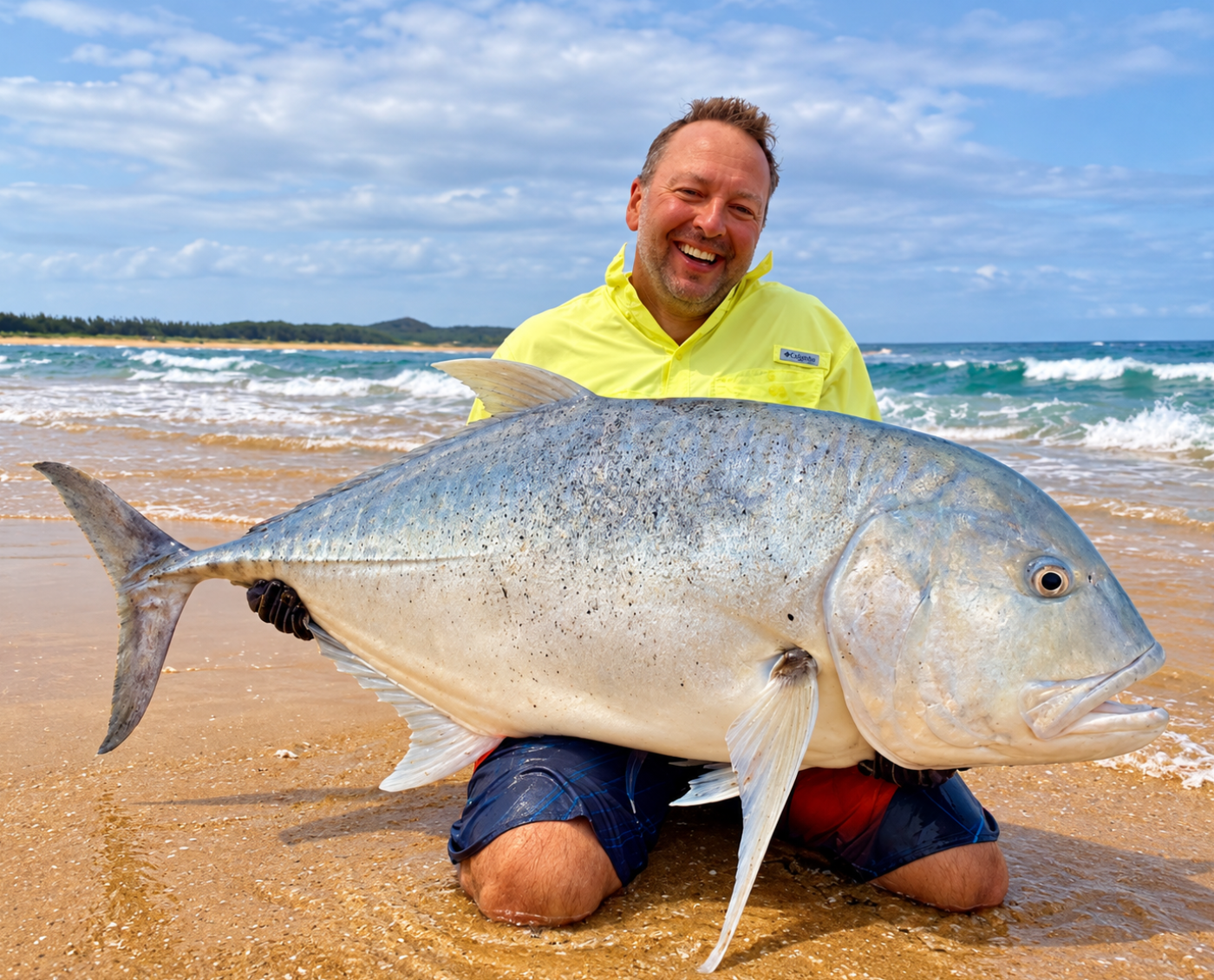 Smiling angler kneeling on a sandy beach holding a large giant trevally with waves and coastline behind