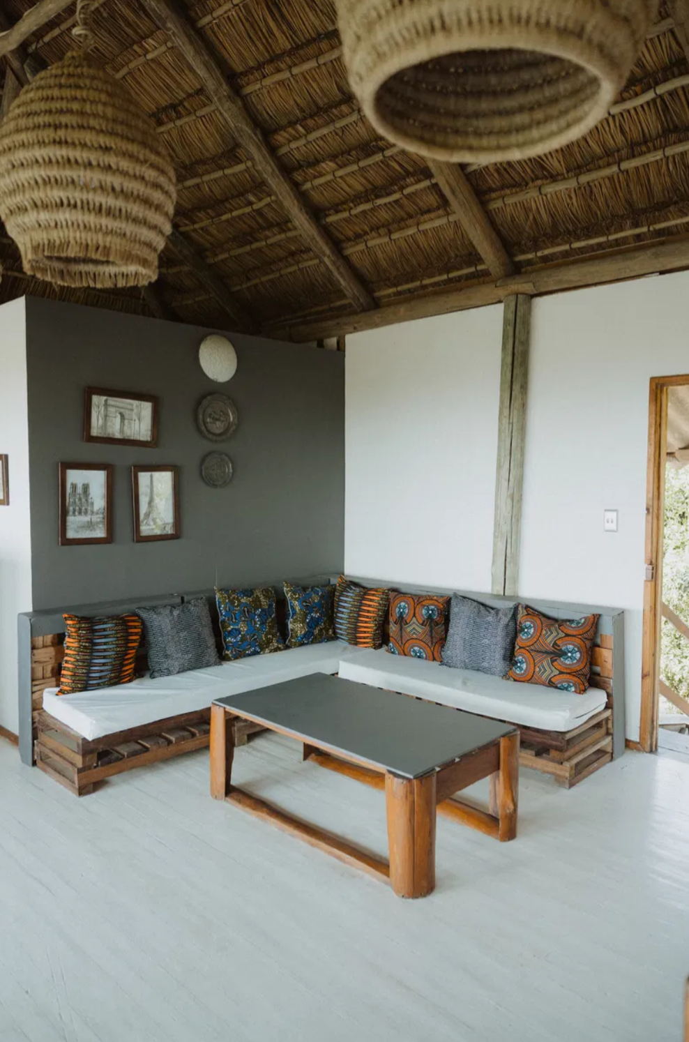 Corner lounge seating with woven pendant lights