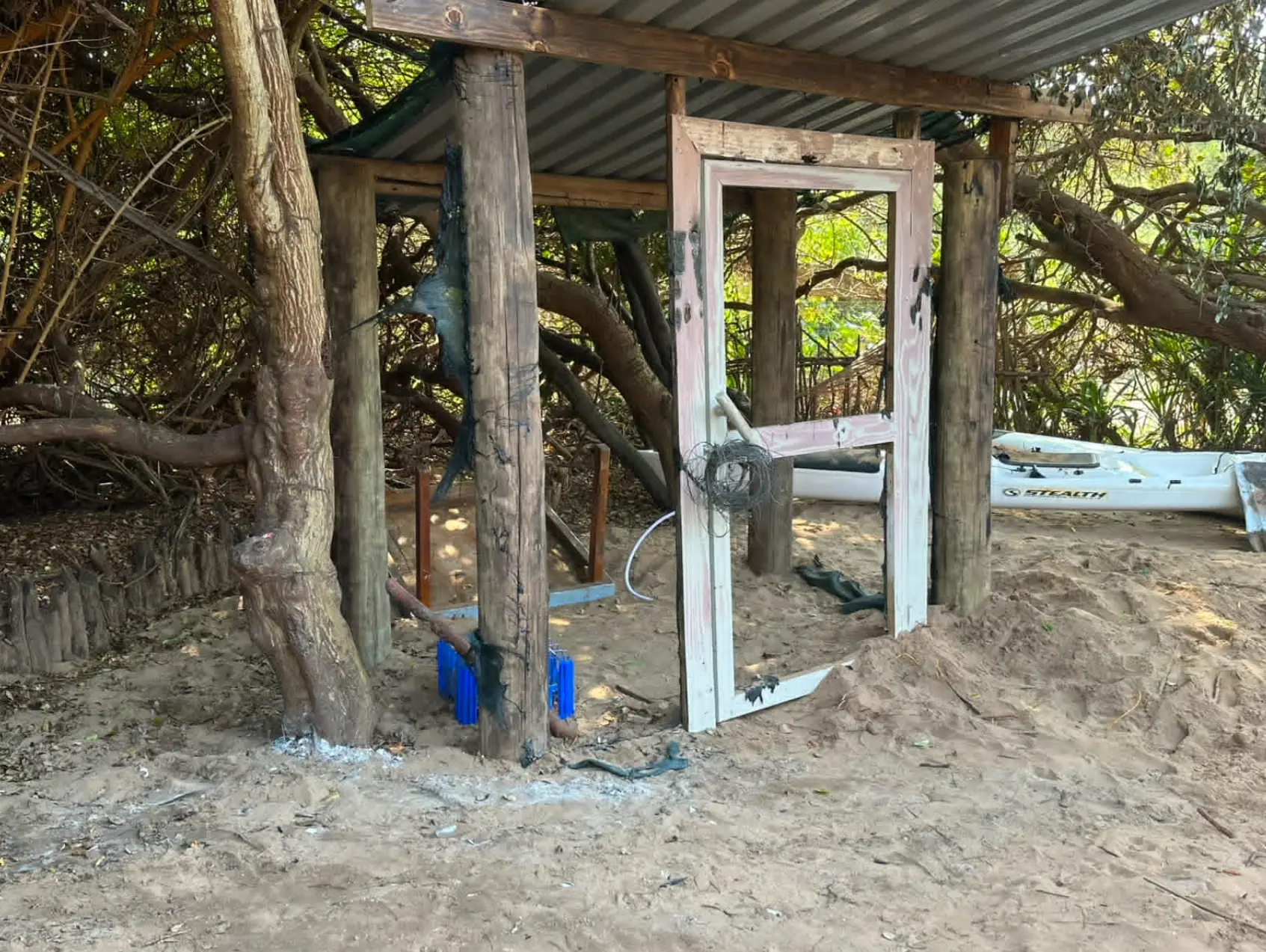 Fire damage to an outdoor beach structure at Bemugi's Place