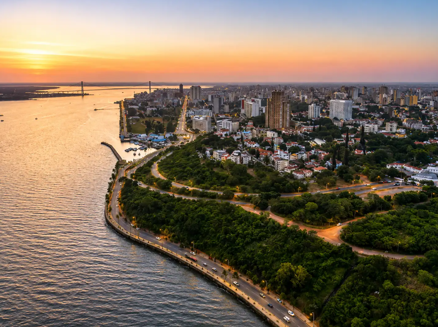 Aerial view of Maputo, Mozambique's capital, across Maputo Bay at sunset