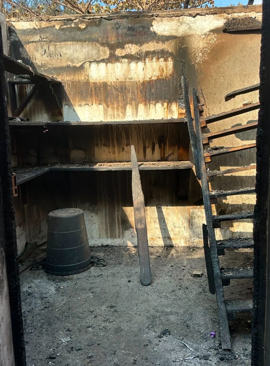 Burnt interior shelving and walls after the fire