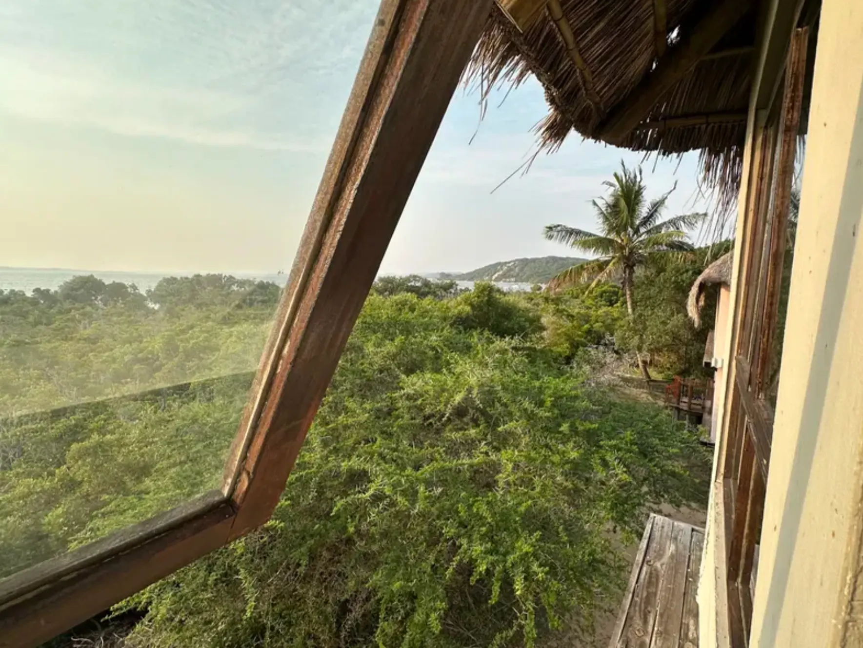 Tropical bay view framed by the thatched roof and palm trees