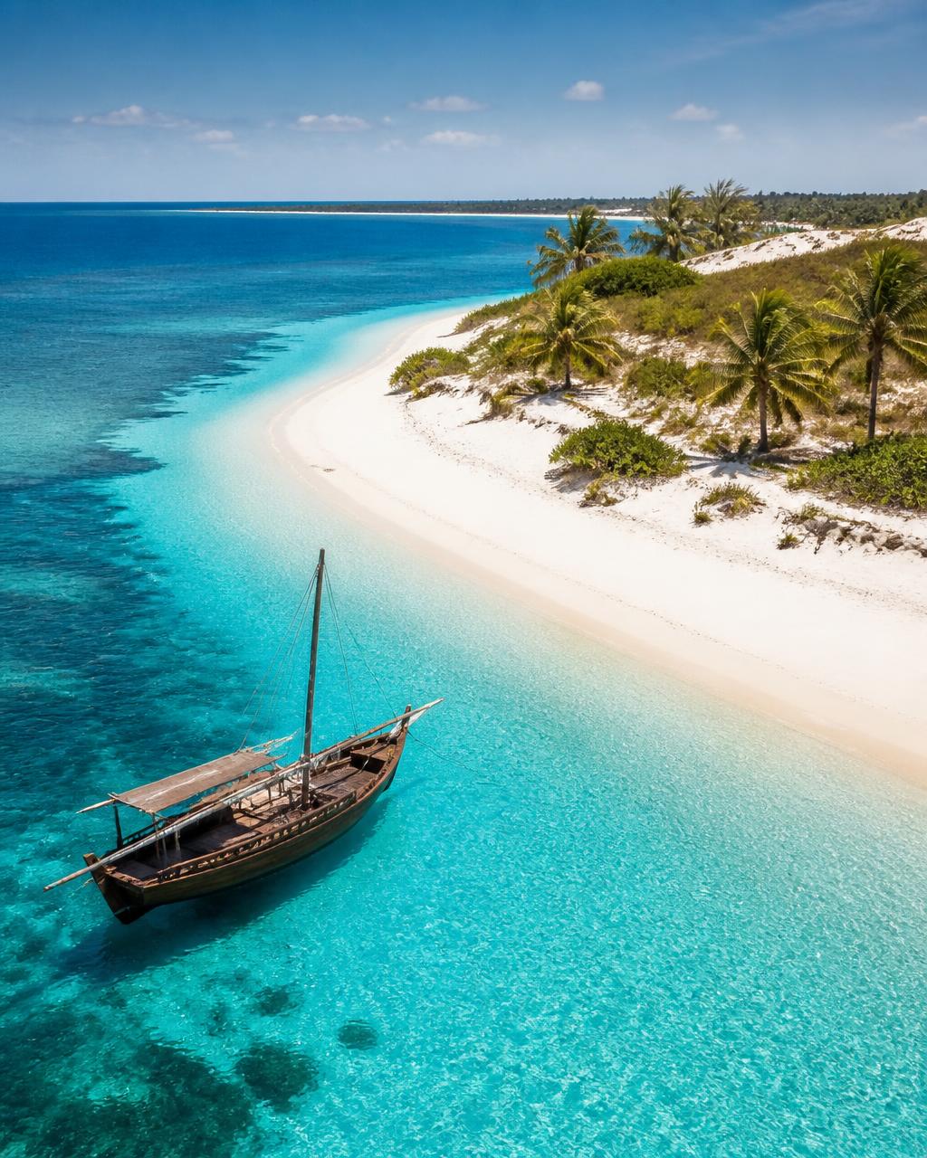 A boat anchored off the untouched beach of Portuguese Island
