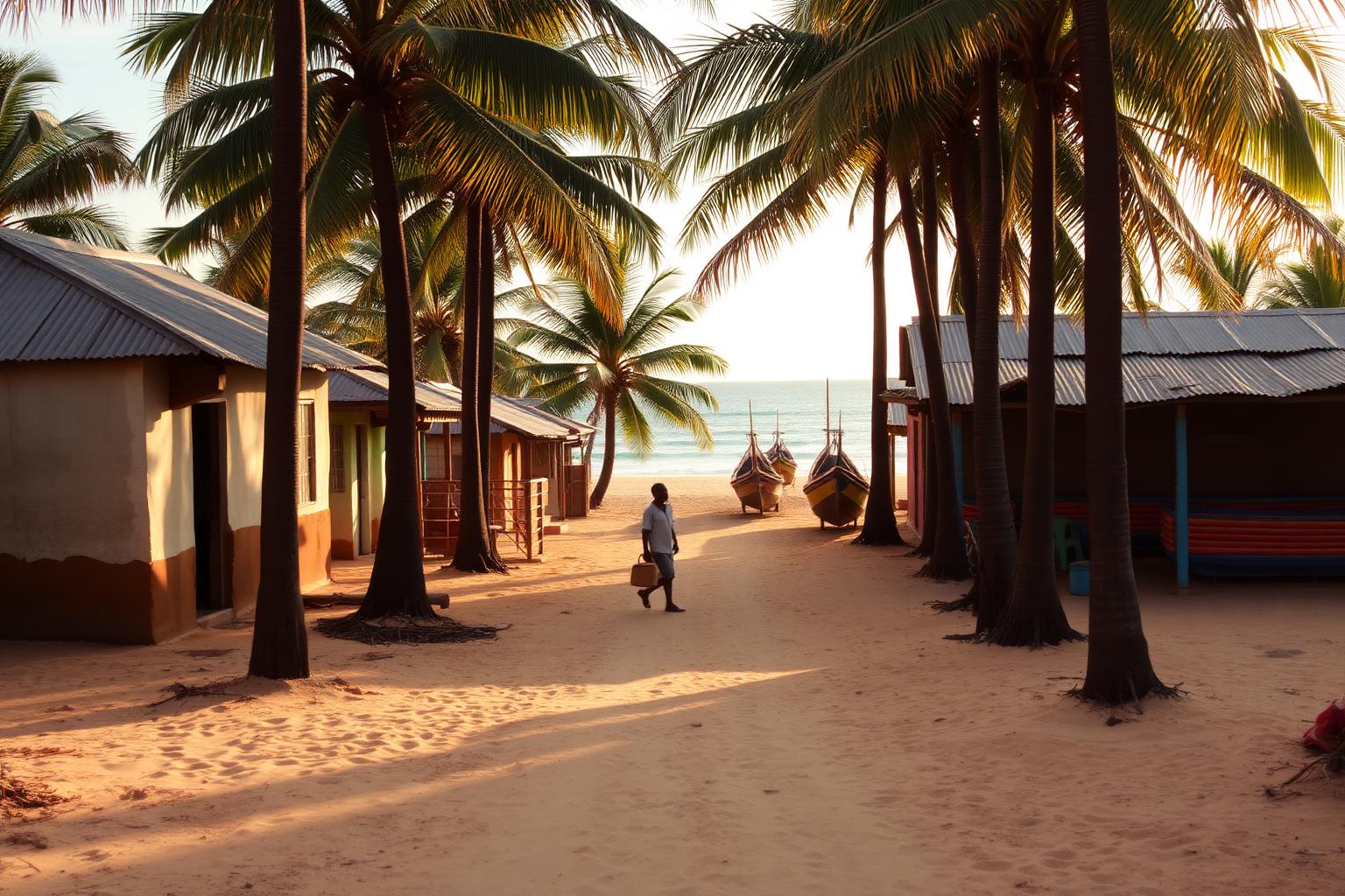 Sandy track through the Machangulo Peninsula with palms and fishing dhows